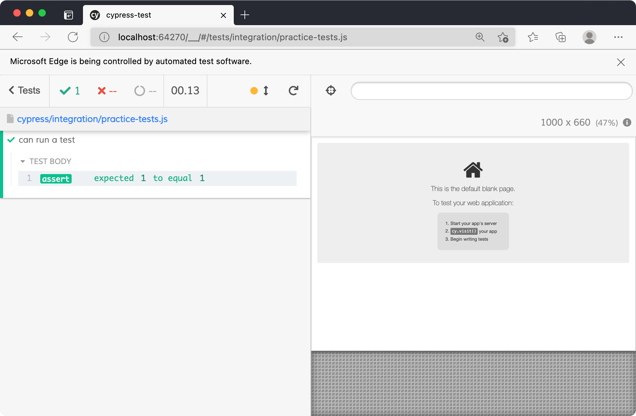 My Edge browser being controlled by Cypress. It shows our passing test in the sidebar on the left.