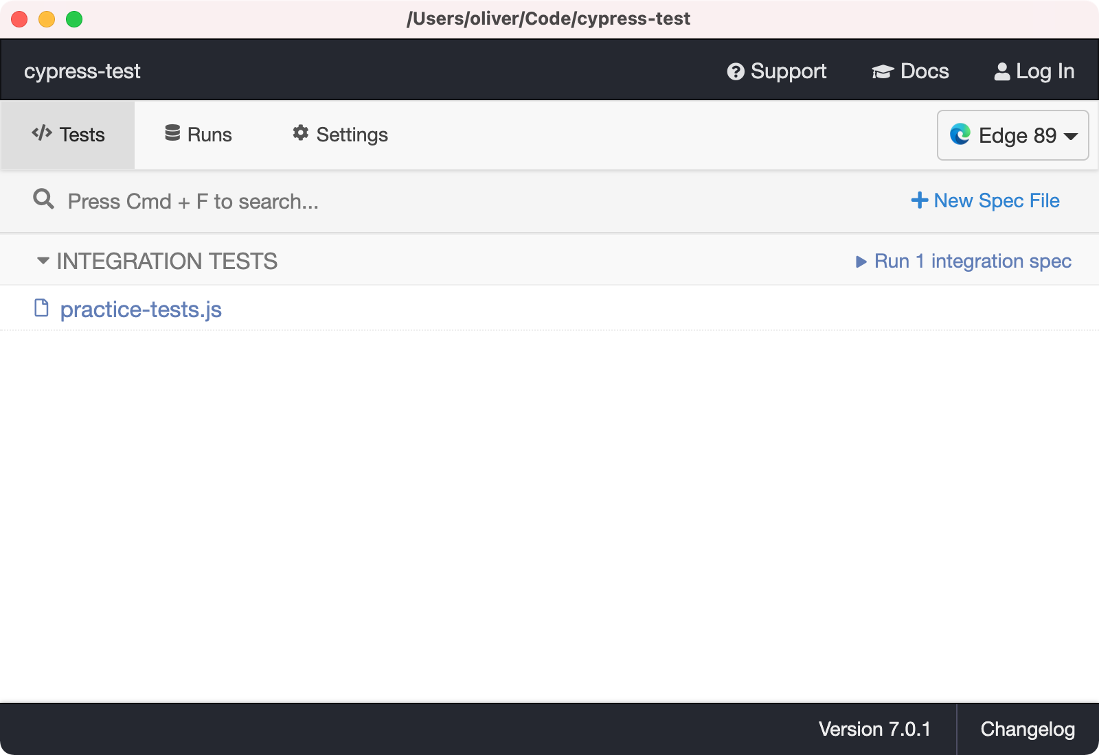The Cypress app window showing just our new test file: practice-tests.js