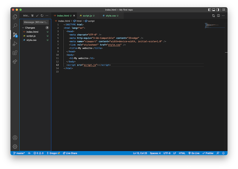 VS code open showing the source control tab