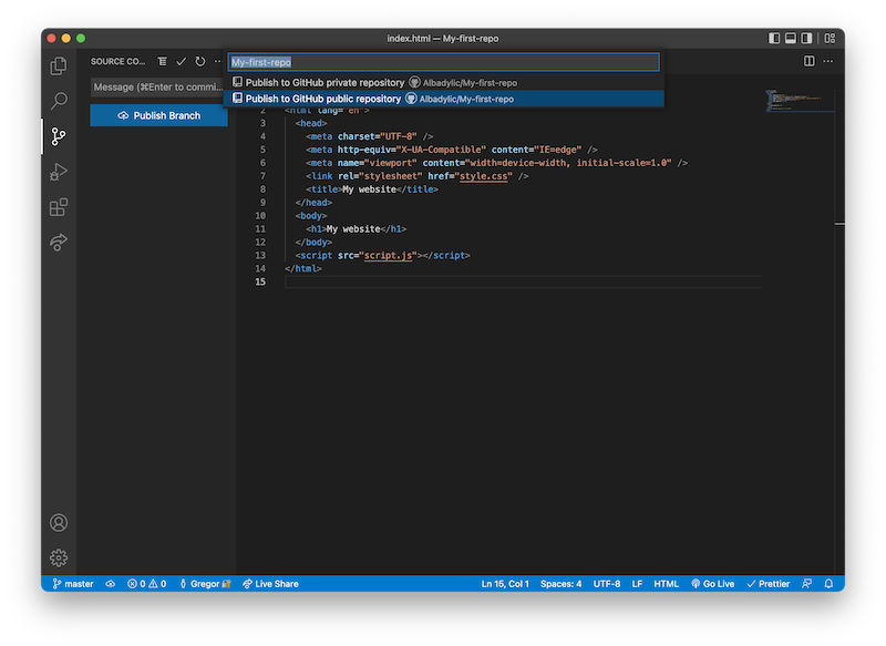 VS Code offers the user to publish to a private or public repository on GitHub