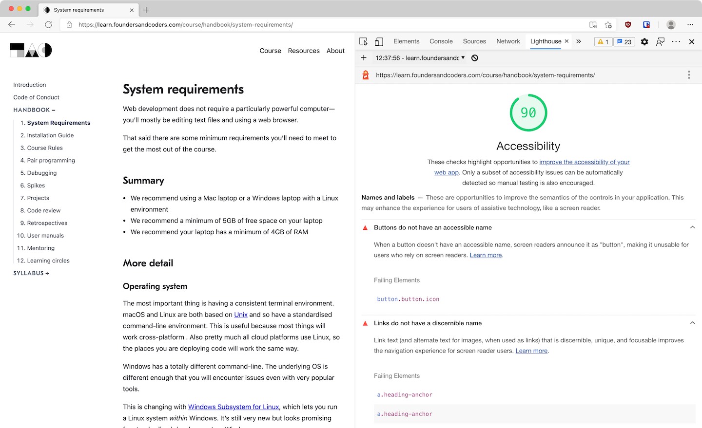 Lighthouse audit results showing two failures: missing accessible names on a button and links.